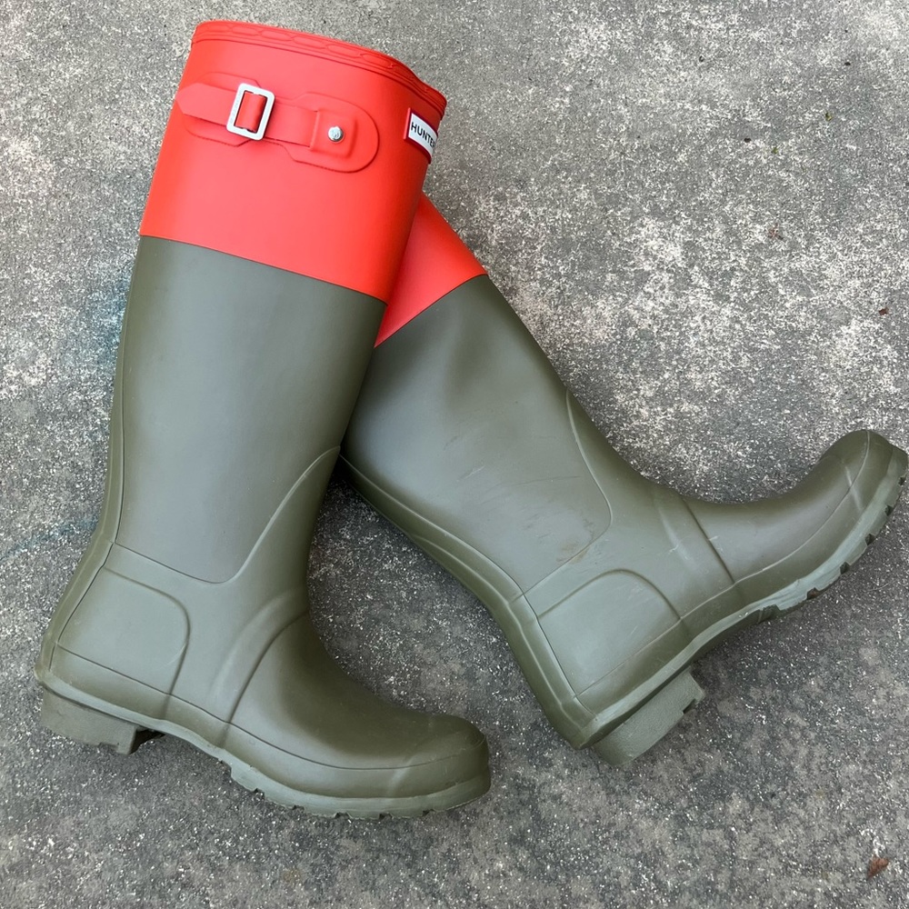 Hunter Olive Green Original Colour Block Boots Size 7 Gem